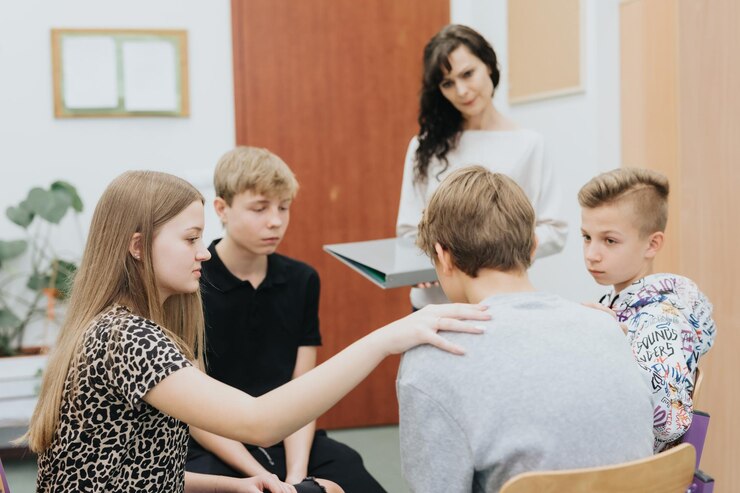 group-teenagers-sitting-circle-comforts-colleague-class-with-psychologist_979479-2136