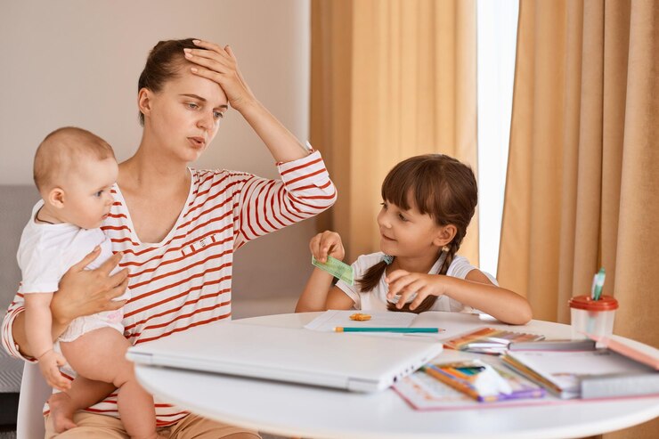tired-young-adult-mother-sitting-with-schoolgirl-infant-daughters-table-trying-explain-her-kid-how-task-being-exhausted-keeps-hand-forehead_176532-18358